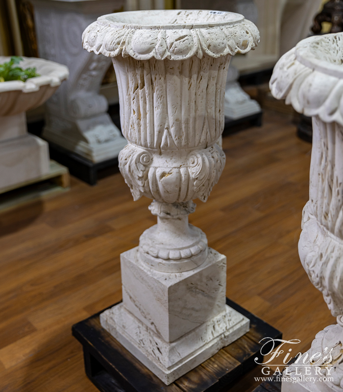 Marble Planters  - An Urn Pair In Italian Quarried Ivory Travertine - MP-470